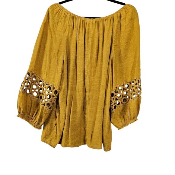 Cato Long Sleeve Crochet Eyelet Hobo Mustard Yellow Top - Picture 6 of 7